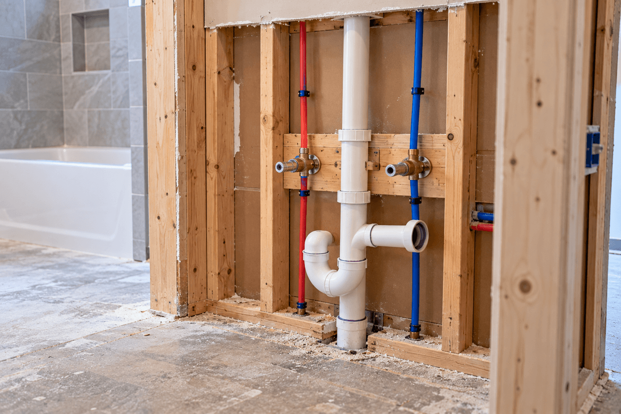 Illustrative image of bathroom plumbing rough-in within exposed wall framing.