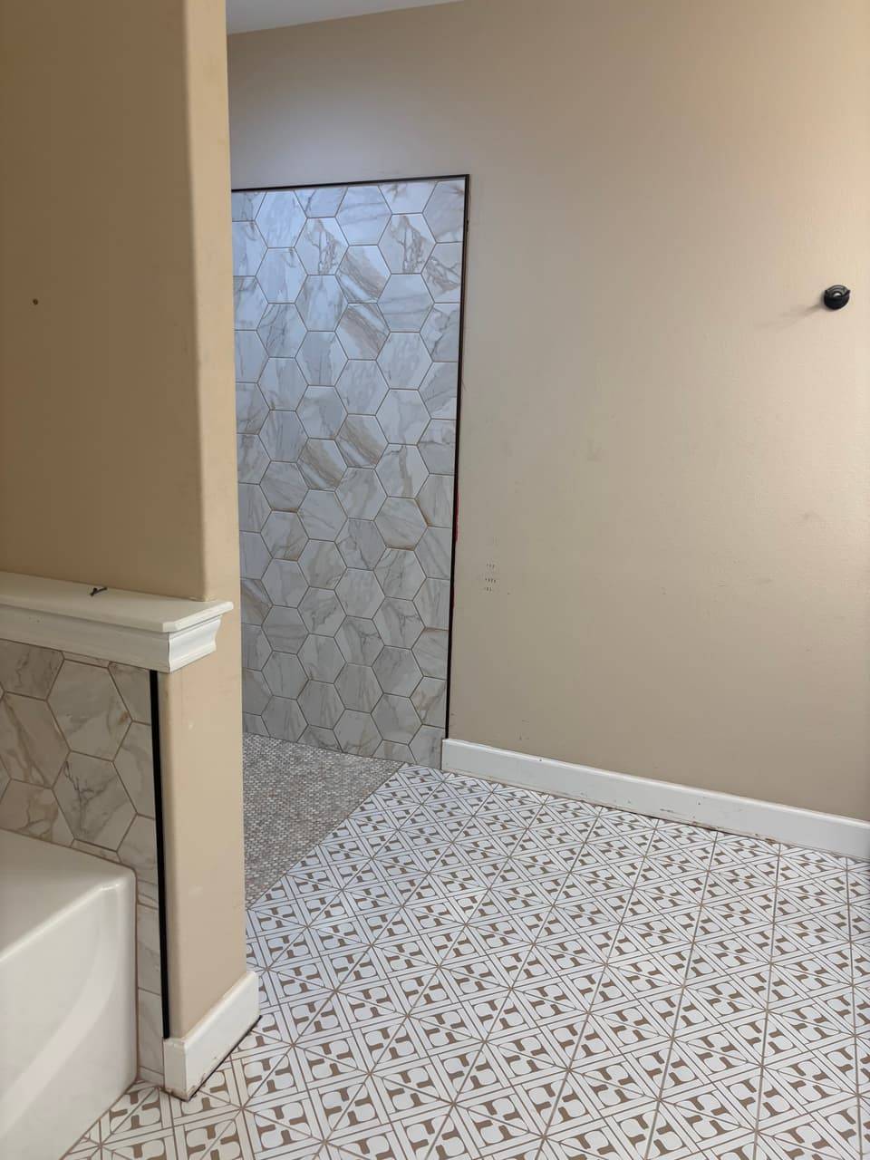 Open shower entry with hexagon wall tile and a penny-tile floor transition