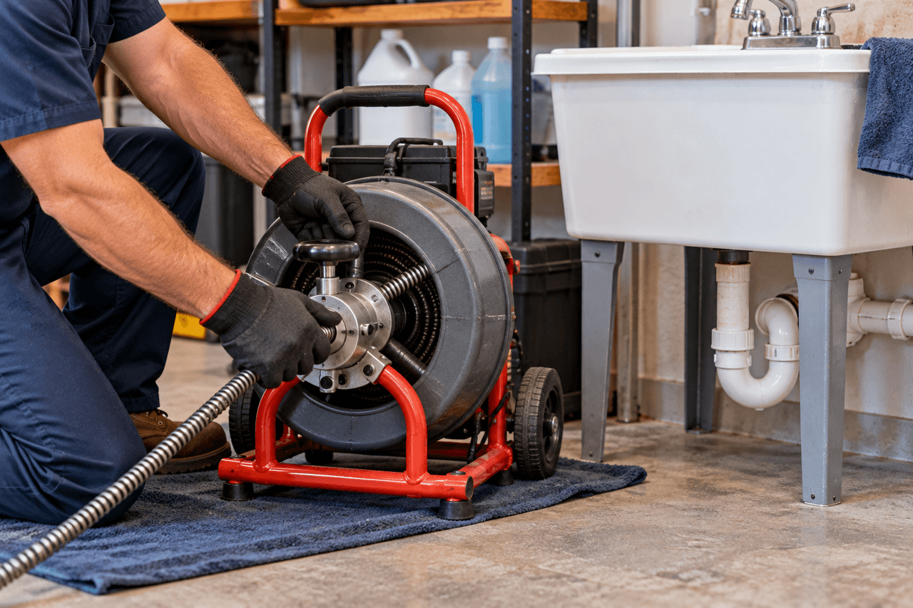 Illustrative image of a plumber in a navy uniform and work gloves feeding a cable into a red drain-cleaning machine beside a white utility sink.