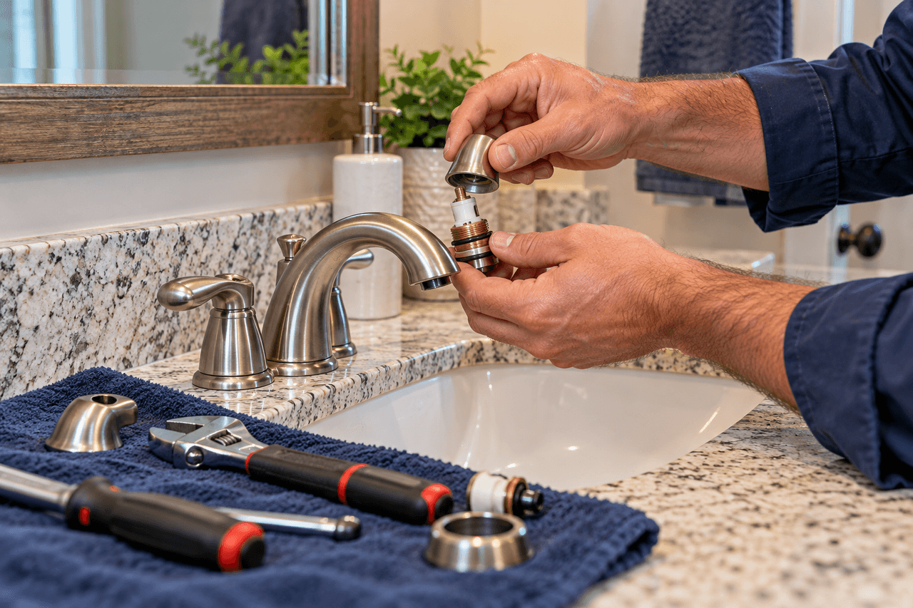 Illustrative image of a technician working on a bathroom faucet.