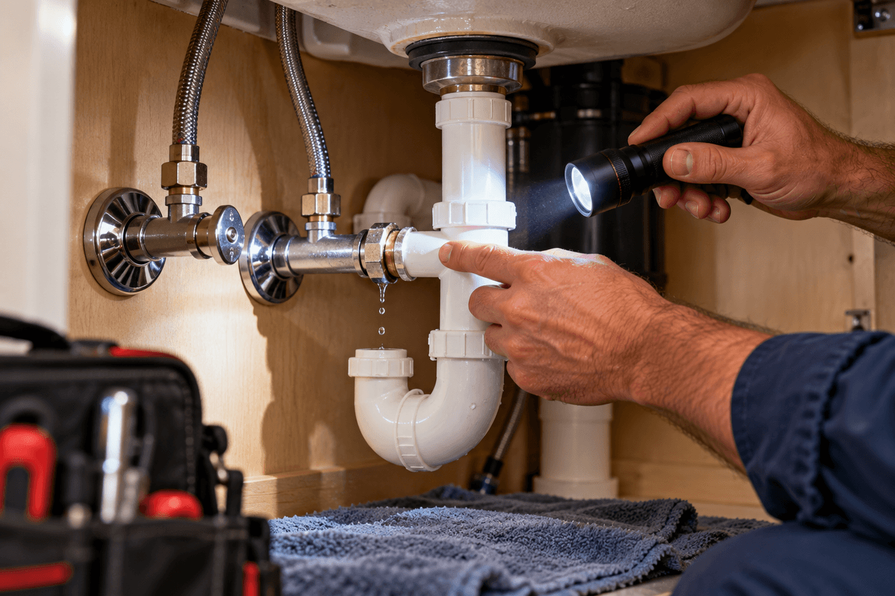 Illustrative image of a dripping pipe joint being inspected with a flashlight.